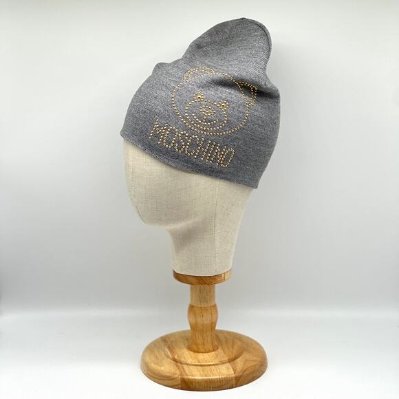 MOSCHINO Teddy Bear Studded Wool Beanie Womens One Size Light Gray NEW main image 7